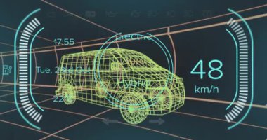 Animation of digital car interface and data processing over 3d model of car. Global engineering, digital interface, business, computing and data processing concept digitally generated video.