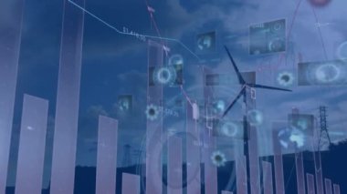 Animation of data processing with scope scanning over wind turbine. Global connections, computing and digital interface concept digitally generated video.