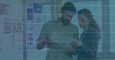 Animation of statistical data processing over caucasian man and woman discussing over a document. Business data technology concept