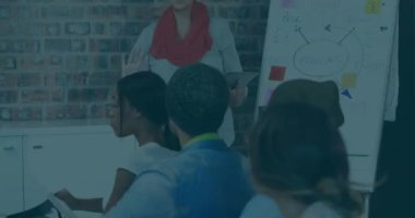 Animation of stock market data processing over caucasian woman giving a presentation at office. Global economy and business technology concept