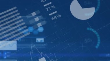 Animation of financial data processing and statistics over blue background. Global business, finances, computing and data processing concept digitally generated video.