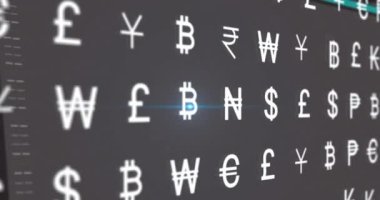 Animation of multiple currency symbols moving and lens flare over computer language on screen. Digitally generated, multiple exposure, finance, coding, economy, shape and technology concept.