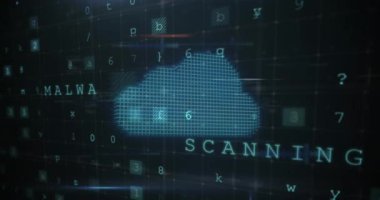 Animation of cloud, lock, shield with letters, numbers and symbols over grid pattern. Digitally generated, multiple exposure, cyber crime, security, technology, cloud computing, data, connection.