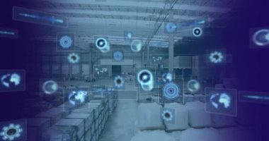 Animation of data processing with scope scanning over warehouse. Global connections, computing and digital interface concept digitally generated video.