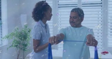 Animation of shapes over diverse doctor and patient exercising. Medicine, healthcare and lifestyle concept digitally generated video.