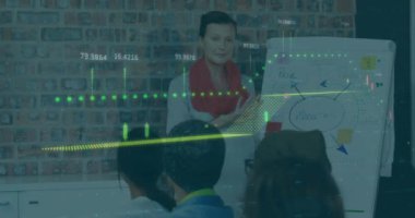 Animation of financial data processing over caucasian woman giving a presentation at office. Global finance and business technology concept