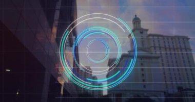 Animation of scope scanning and data processing over cityscape. Global business and digital interface concept digitally generated video.