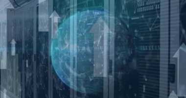 Animation of globe, connected dots, up arrow, computer language, graphs over data server racks. Digital composite, growth, coding, globalization, network security, report, technology, data center.