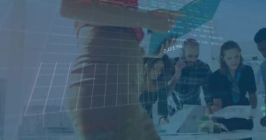 Animation of stock market data processing over diverse colleagues discussing together at office. Global finance and business technology concept