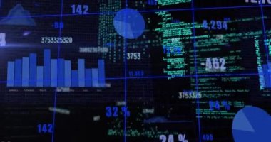 Animation of multiple changing numbers and statistical data processing against black background. Computer interface and business data technology concept