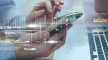 Animation of interface with data processing against mid section of businessman using smartphone. Computer interface and business technology concept