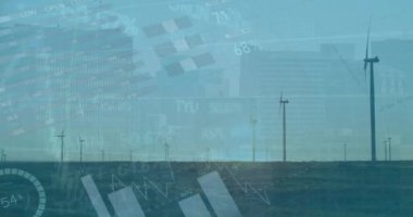 Animation of statistical and stock market data processing against spinning windmills on grasslands. Global economy and renewable energy technology concept