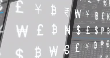 Animation of multiple currency symbols moving over data processing against grey background. Global economy and business interface technology concept