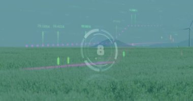 Animation of countdown over round scanner and financial data processing against spinning windmills. Global finance and renewable energy technology concept