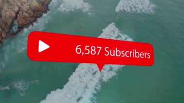 Animation of social media icon and subscribers text over ocean's coast. Sustainability and climate awareness concept digitally generated video.