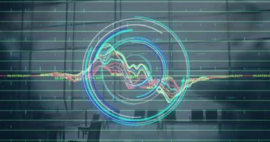 Animation of neon round scanner and data processing against time-lapse of people walking at office. Computer interface and business data technology concept