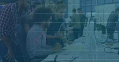 Animation of statistical data processing over diverse colleagues discussing over computer at office. Business data technology concept