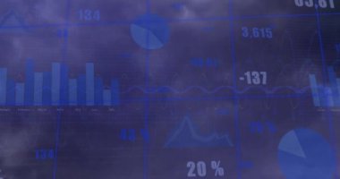 Animation of statistical data processing over grid network against grey background. Business data technology concept