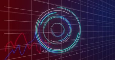 Animation of neon round scanner and statistical data processing against purple gradient background. Computer interface and business data technology concept