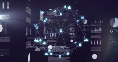 Animation of icons connected with lines forming globe and rotating over infographic interface. Digitally generated, multiple exposure, globalization, database, futuristic, technology, illuminated.