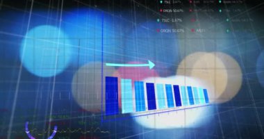 Animation of data processing over statistics and spot lights. Global business, finances, computing and data processing concept digitally generated video.
