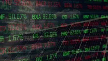 Animation of stock market data with changing numbers moving over solar panel. Digital composite, multiple exposure, investment, electricity, sustainable, trading, finance, environmental conservation.