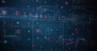 Animation of cyber security data processing and security padlock icon against blue background. Cyber security and business technology concept