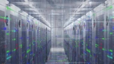 Animation of binary codes over multicolored illuminated data server racks. Digital composite, multiple exposure, network security, cyber, data center, coding, networking and technology concept.