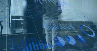 Animation of financial data processing over diverse business people. Global business, finances, computing and data processing concept digitally generated video.