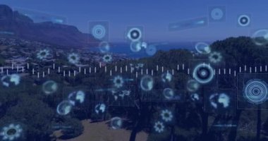 Şehir manzarası üzerinde tarama yaparak veri işleme animasyonu. Dijital olarak oluşturulmuş küresel bağlantılar, bilgisayar ve dijital arayüz kavramı.