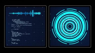 Animation of data processing with scope scanning on black background. Global connections, computing and digital interface concept digitally generated video.