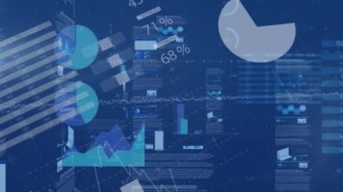 Animation of financial data processing and statistics over blue background. Global business, finances, computing and data processing concept digitally generated video.