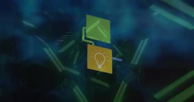 Animation of network of digital icons against neon tunnel in seamless pattern. Global networking and business technology concept