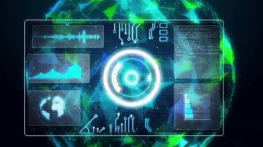 Animation of data processing with scope scanning over globe of connections on black background. Global connections, computing and digital interface concept digitally generated video.