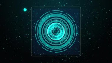 Animation of data processing with scope scanning over network of connections on black background. Global connections, computing and digital interface concept digitally generated video.