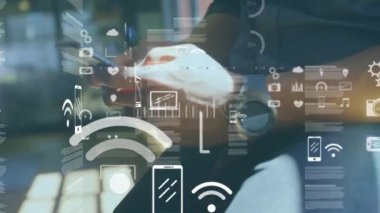 Animation of screens with data processing against mid section of man using smartphone. Computer interface and business technology concept