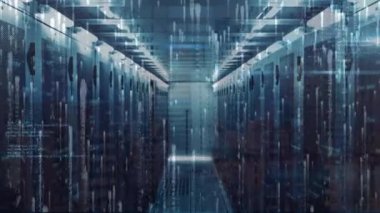 Animation of binary codes and computer language over data server racks. Digital composite, multiple exposure, network security, cyber, data center, coding, networking and technology concept.