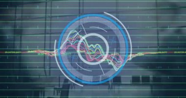 Animation of neon round scanner and data processing against time-lapse of people walking at office. Computer interface and business data technology concept