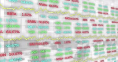 Animation of colorful trading board data and line graphs moving over grid pattern. Digitally generated, multiple exposure, stock market, finance, investment, report, progress, figures, business.