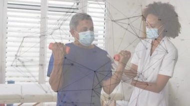 Animation of connections over diverse doctor and patient exercising. Medicine, healthcare and lifestyle concept digitally generated video.