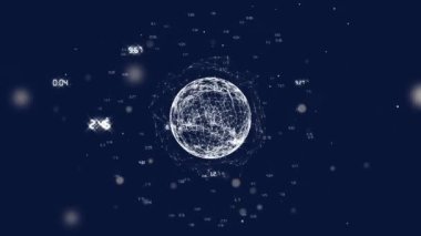 Animation of light trails over globe of connections with data processing on black background. Global connections, computing and digital interface concept digitally generated video.