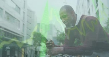 Animation of statistical data processing against african american man using smartphone on street. Global economy and business technology concept