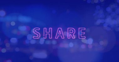 Animation of share neon text banner against night city traffic. Social media networking and business technology concept