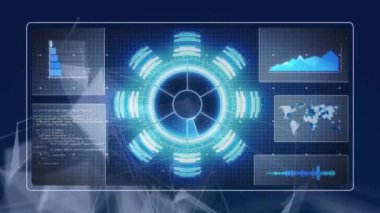 Animation of data processing with scope scanning over network of connections on black background. Global connections, computing and digital interface concept digitally generated video.