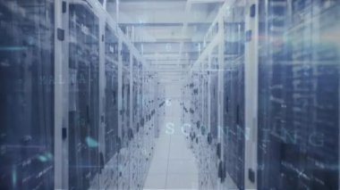 Animation of multiple texts and numbers over illuminated data server racks. Digital composite, multiple exposure, network security, cyber, data center, networking and technology concept.