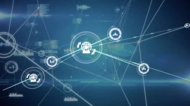 Animation of network of digital icons and data processing against light trails on blue background. Global networking and business technology concept