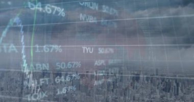 Animation of data processing over cityscape. Global shipping delivery business data processing and technology concept digitally generated video.