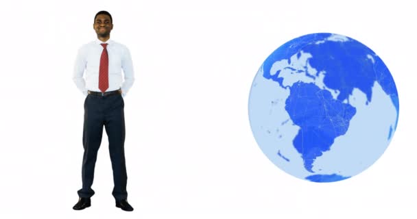 在白人背景下 旋转的全球偶像和非洲裔美国商人的动画 全球联网和商业技术概念 — 图库视频影像