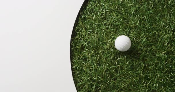 Close Golf Ball Grass White Background Copy Space Slow Motion — Video Stock