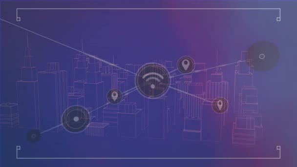 Animation Network Digital Icons City Model Spinning Purple Background Global — стоковое видео
